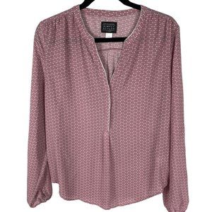 Simply Styled Blouse Size Large Pink Print V-Neck Long Sleeves